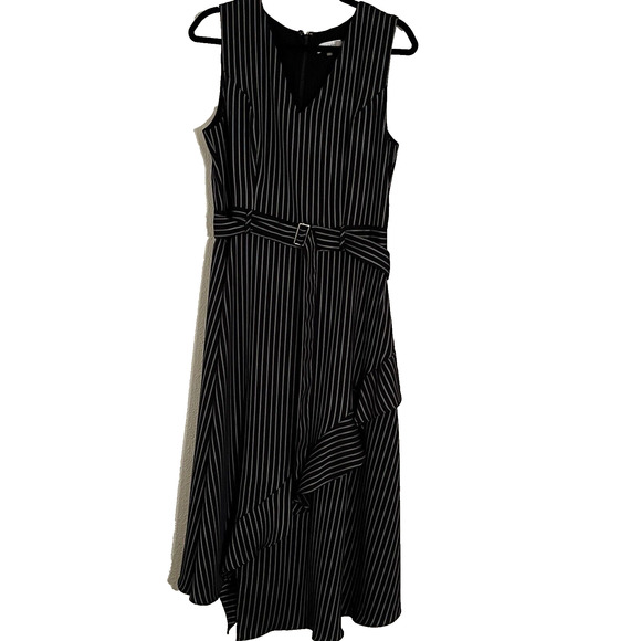 Calvin Klein Midi Dress SZ 10 Striped  Coquette Ruffle Asymmetrical Party Career - Picture 4 of 14